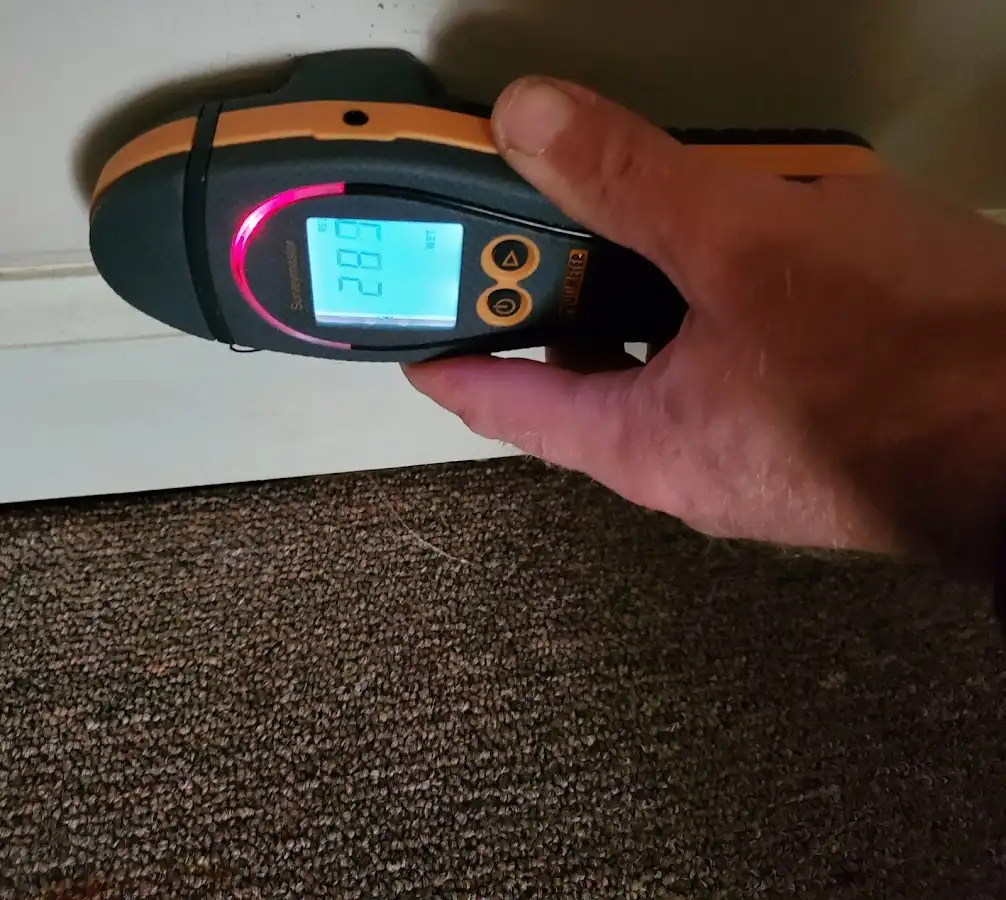 Moisture detection at baseboard during Storm Damage Restoration in Lake Jackson